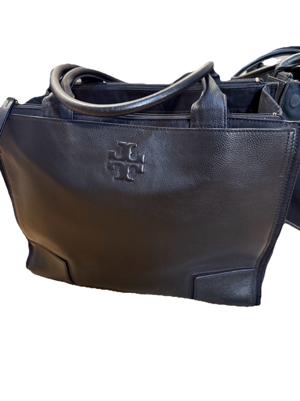 Tory Burch Black Pebbled Leather Tote with Top Handles - Picture 1 of 12